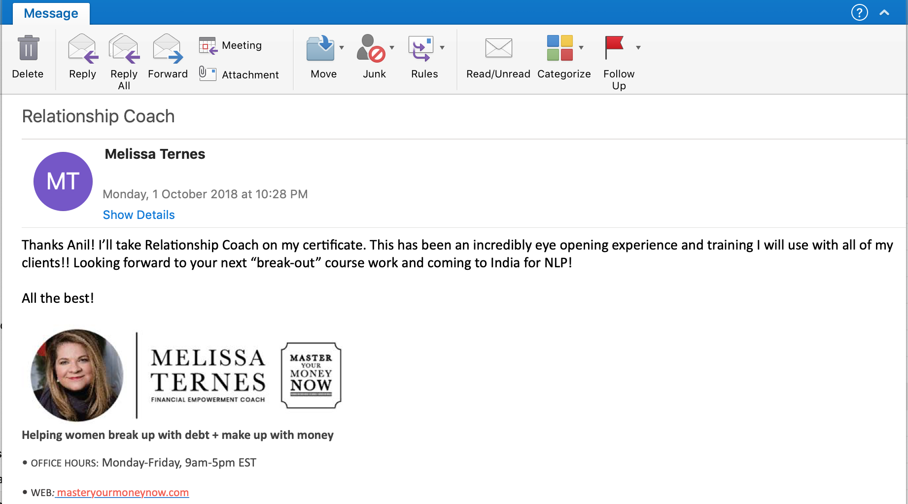 icf nlp pune mumbai anil dagia relationship coach training testimonial melissa ternes