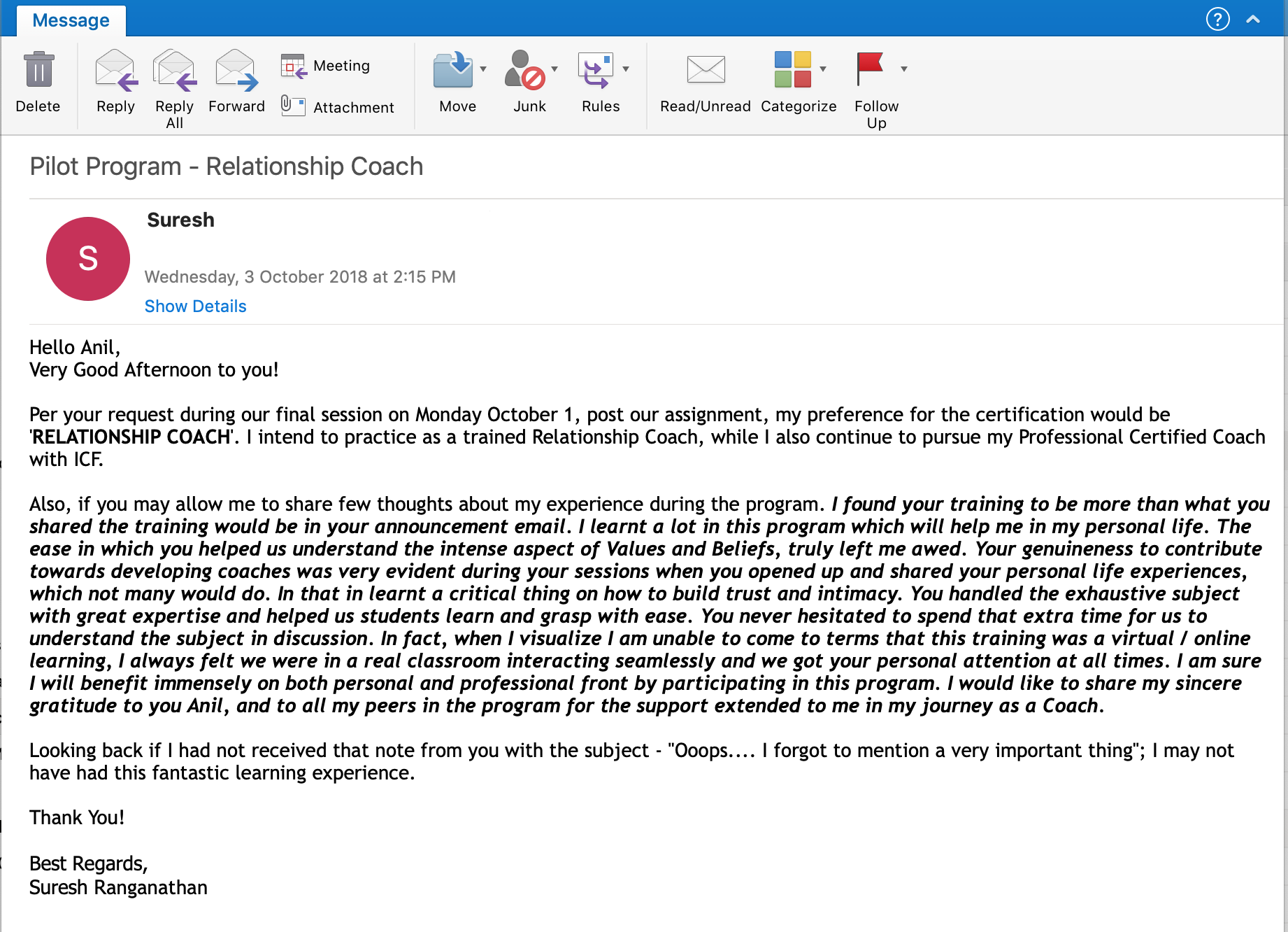 icf nlp pune mumbai anil dagia relationship coach training testimonial suresh ranganathan