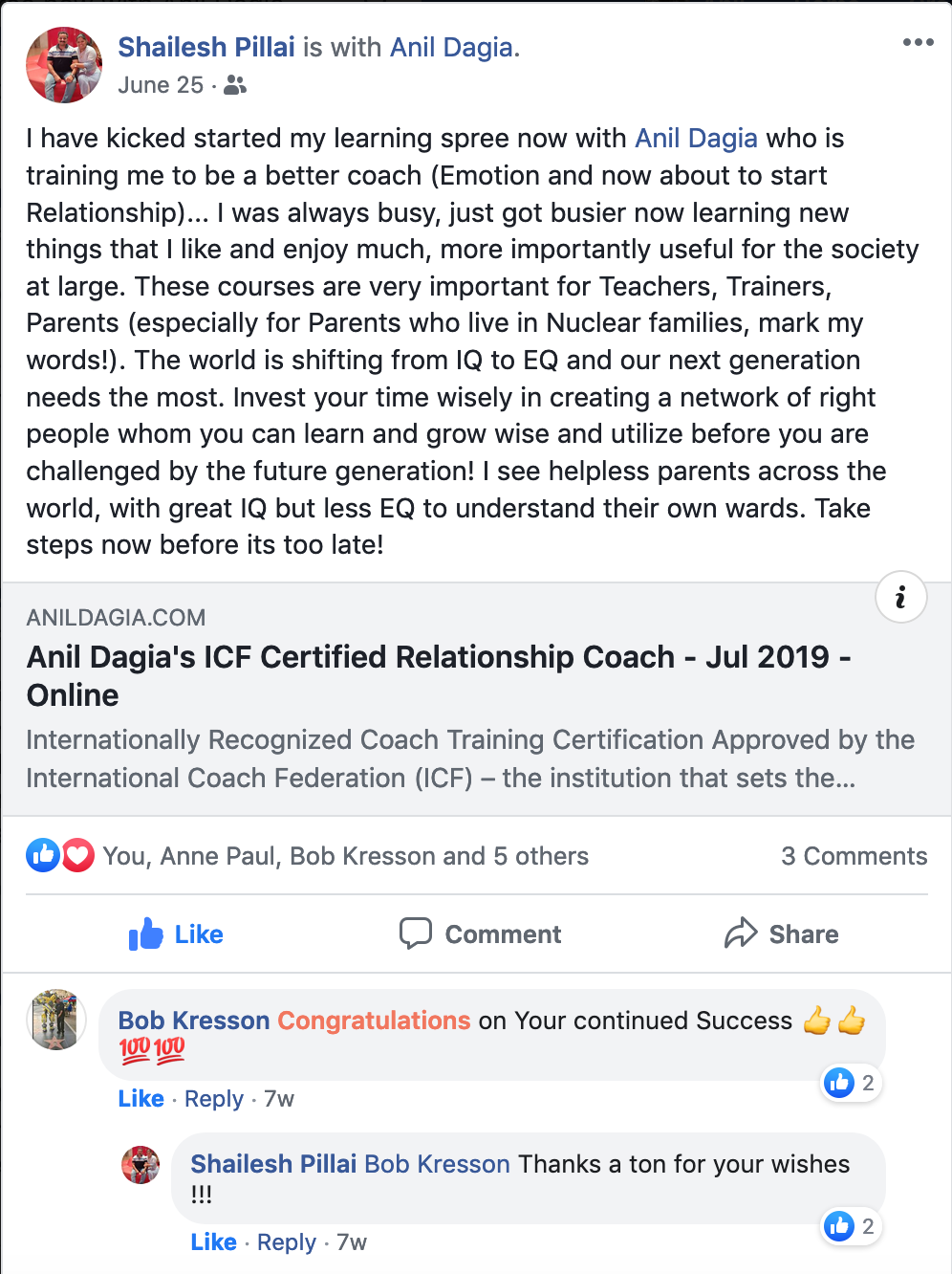 icf nlp pune mumbai anil dagia testimonial emotions mastery shailesh pillai